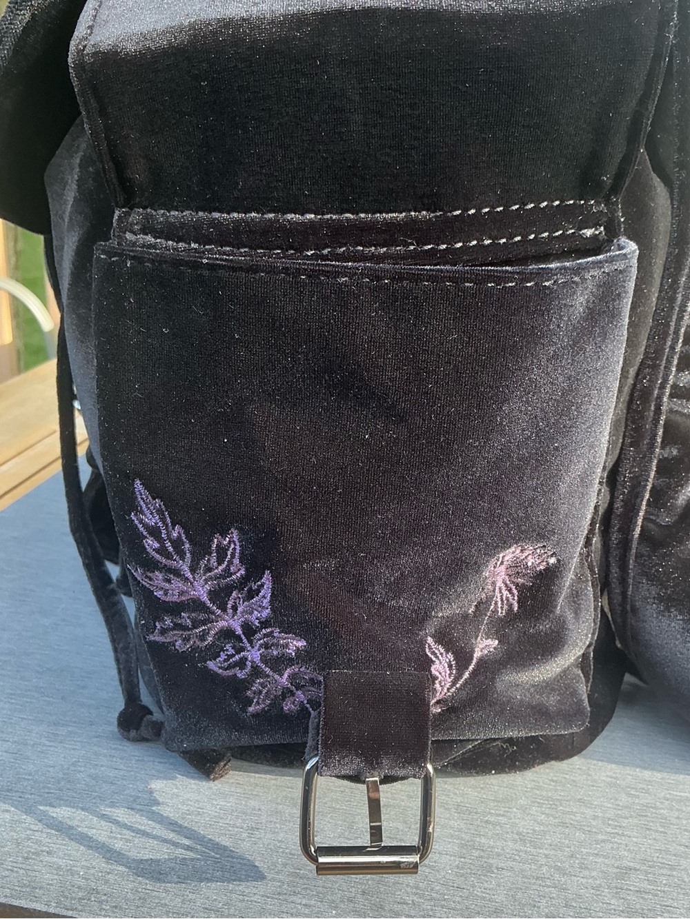 Disturbia Black Velvet Backpack with Lilac Moth / Butterfly Embroidery - Picture 9 of 15